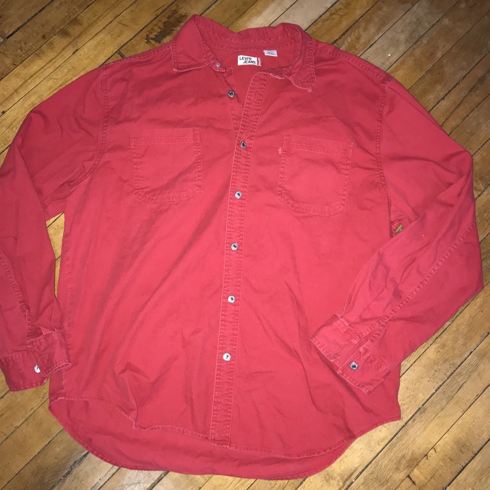 Vintage Levi's Red Denim Metal Button Down Red Tab Pockets Shirt Size‎ XL